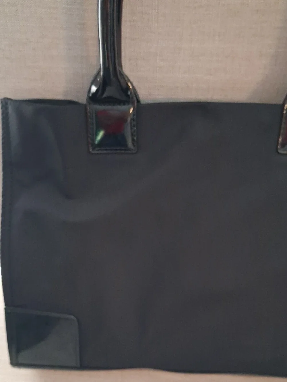 Tory Burch Black Nylon Tote with Patent Trim and Logo
